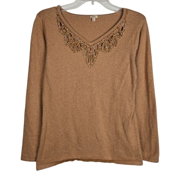 Reba Gold Metallic Beaded Cutout Knit Top Sz M Stretch Long Sleeve Holiday - Picture 1 of 6